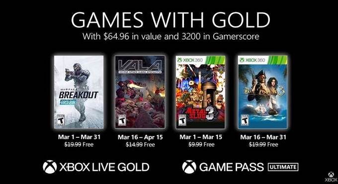 Jeux gratuits Xbox Games With Gold pour mars 2021