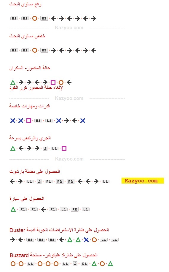 kussen schroot vermomming Codes GTA 5 PS4 Arabe liste complete كودات بالعربية