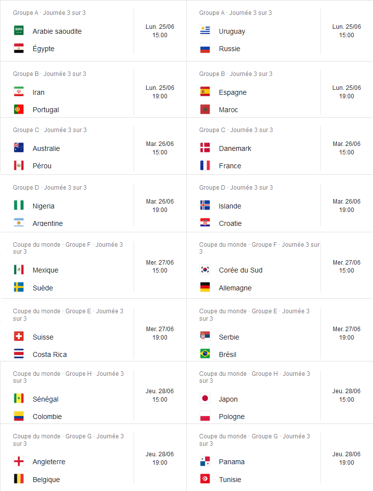 Calendrier Coupe du Monde 2018 sur beIN Sports Journée 3 sur3 - Match en Live streeming