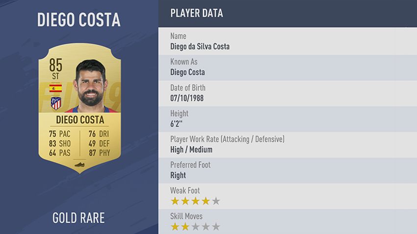 81 - 100 meilleurs joueurs FIFA 19 Diego Costa Atlético de Madrid