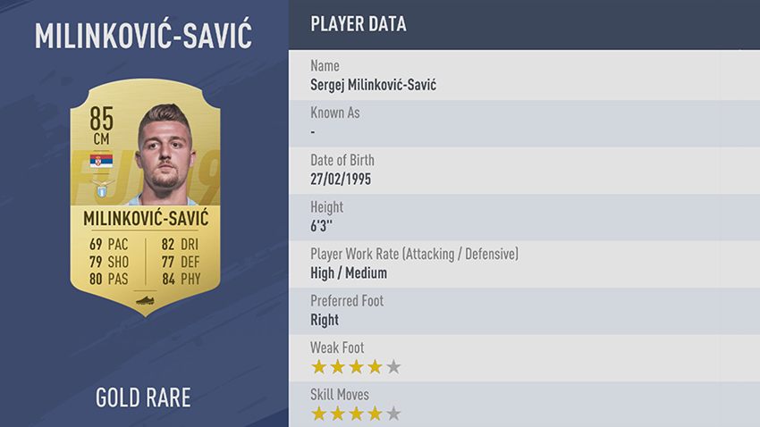 94 - 100 meilleurs joueurs FIFA 19 Sergej Milinković-Savić lazio