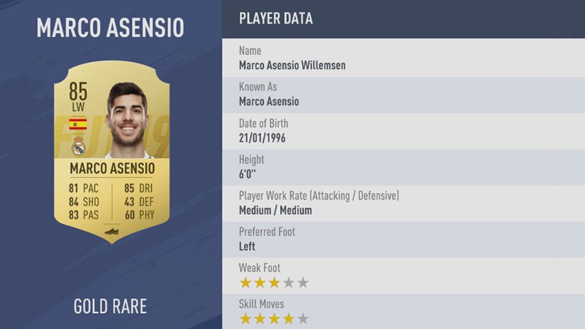 95 - 100 meilleurs joueurs FIFA 19 Marco Asensio