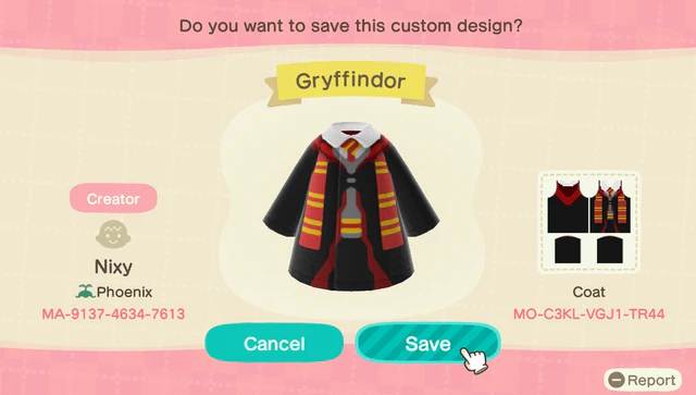 Codes vêtements Harry Potter dans Animal Crossing New Horizons 
